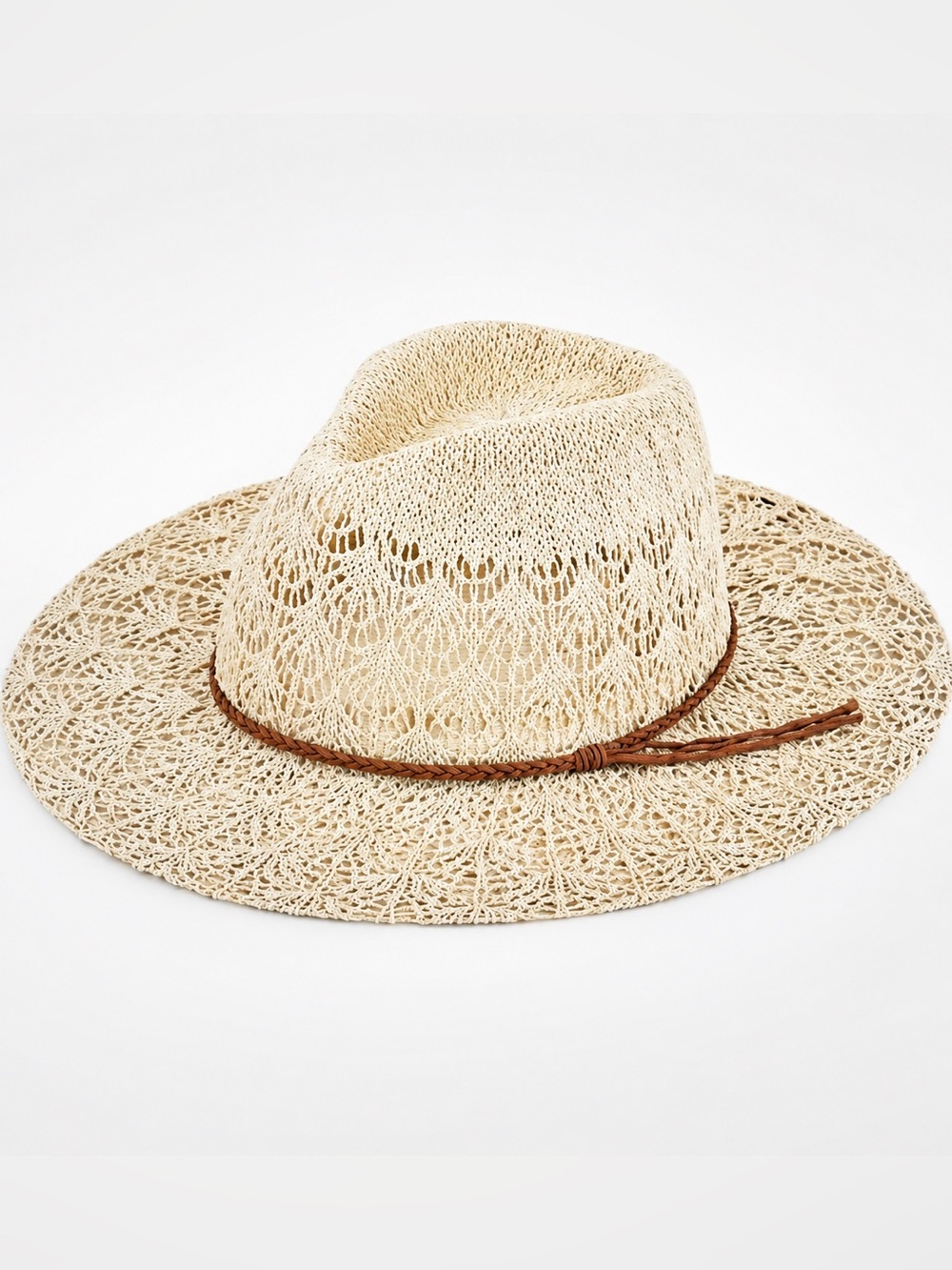 C.C. Horseshoe Lace Knit Panama Hat with Suede Cord-Beige - Picture 2 of 4